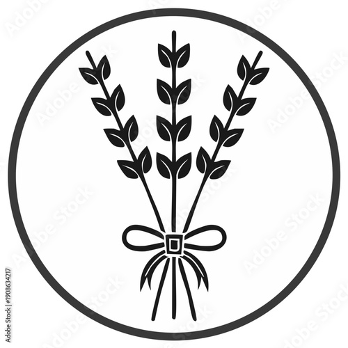 Vector illustration of three stylized wheat stalks tied with a bow, enclosed in a circle.