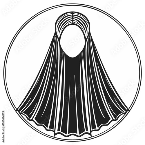 Black and white illustration of a traditional veil in a circular frame, graphic design