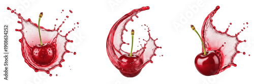 Fresh sweet cherry with red juice splash explosion isolated on white background, high speed liquid splash photography, sweet cherry juice concept for beverages and packaging, realistic fruit splash de