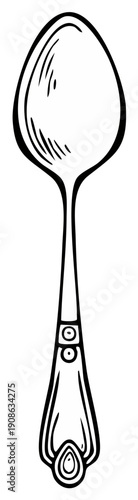 Simple black and white line drawing of a vintage spoon with ornate handle