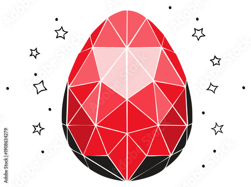 Geometric Ruby Red Egg Illustration with Sparkles for Decorative Designs and Easter Concepts