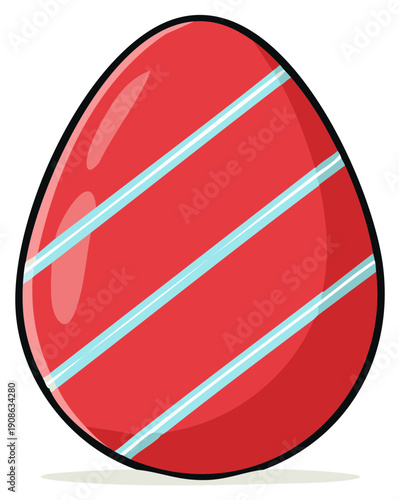 Bright red decorated Easter egg with light blue diagonal stripes vector illustration for spring holiday