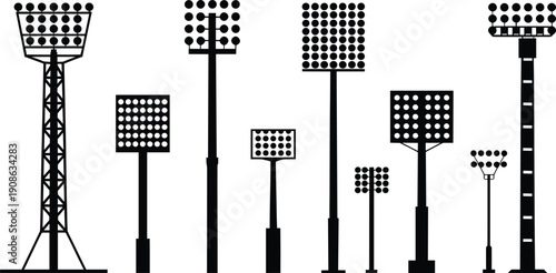 Stadium floodlight silhouette set vector illustration, sports arena lighting towers collection, outdoor spotlight structures icons isolated on white background