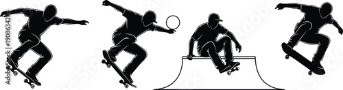 Skateboarder trick silhouette set, urban street skateboarding action poses, extreme sport athlete icons, skate park illustration, vector, minimal