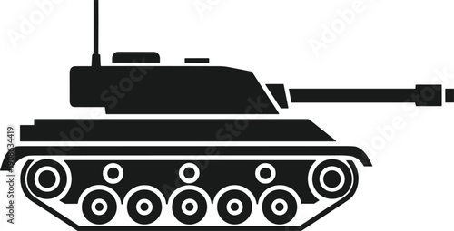 Military tank silhouette icon, armored combat vehicle illustration, modern battlefield weapon symbol, army equipment design, vector, minimal style, graphic, black