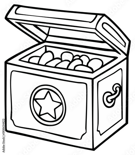Open Treasure Chest Filled with Shiny Rocks Outline Illustration for Coloring or Design