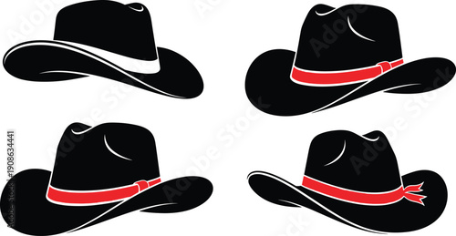 Black cowboy hat silhouette set, western headwear icons with red band, classic rodeo fashion symbols, vector illustration, minimal design style