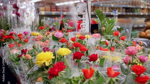 Slika na platnu Colorful roses in cellophane displayed for sale in the floral department of a su