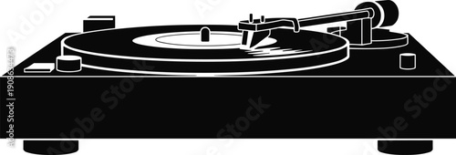 Vintage vinyl record player turntable illustration, analog music equipment silhouette, DJ audio deck icon, retro sound technology design, vector, minimal