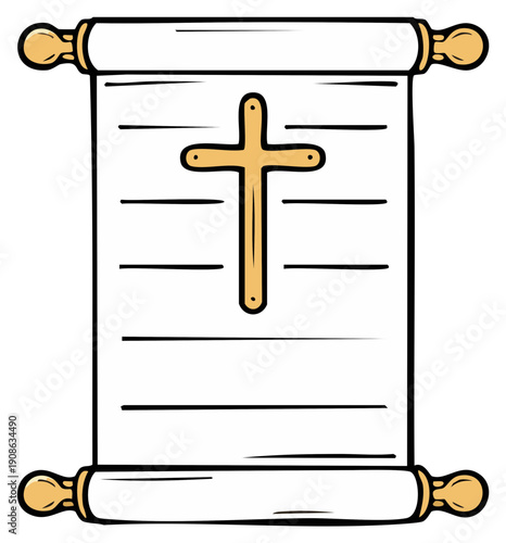 Ancient religious scroll with a golden Christian cross for holy scripture or commandments
