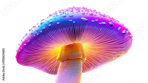 Underneath magic mushroom fly agaric with rainbow shades on transparent background