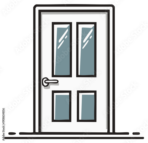 White Paneled Interior Doorway Illustration Door Opening Closed Door Entry Access Minimalistic Style Hand Drawn Effect