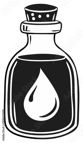Vector illustration of a glass bottle with a cork stopper and a drop inside
