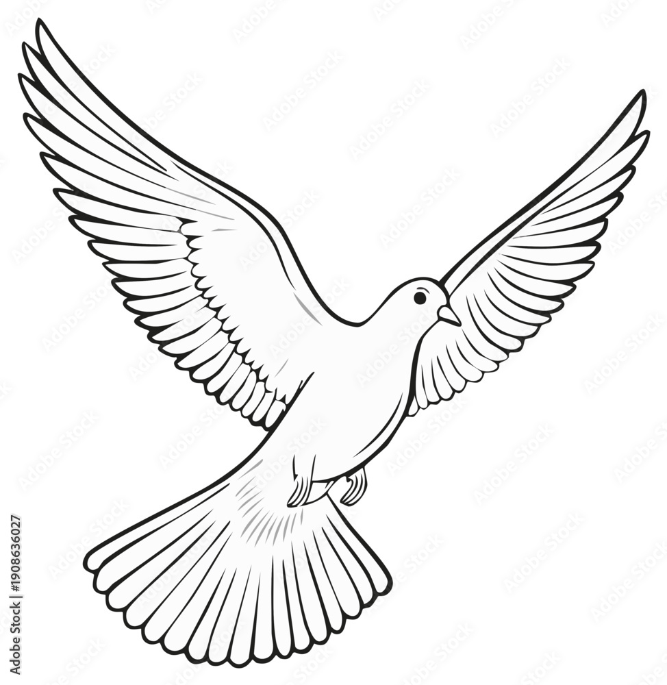 Obraz premium Illustration of a flying dove in black and white, wings spread wide