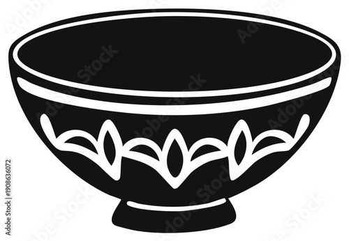 Stylized Black Bowl with White Decorative Pattern and Subtle Foot