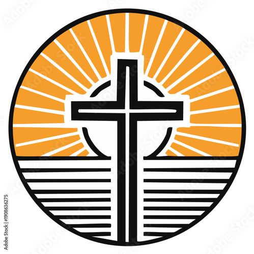 Christian Cross Silhouette Rising Sun and Water Waves Religious Symbol