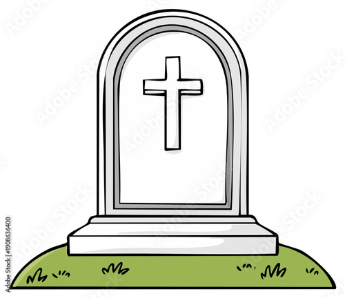Cartoon Gravestone on Green Patch of Grass with Cross Symbolizing Remembrance and Funerary Traditions of Memorial Art