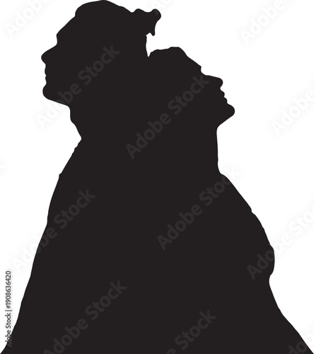 Couple silhouette standing back to back looking upwards towards sky isolated on transparent checkered pattern