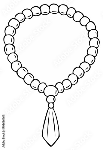 Black and white illustration of a beaded prayer mala