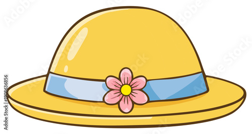 Bright yellow cartoon sun hat with pastel blue ribbon and pink flower design