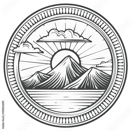 Majestic mountain range bathed in sunrise light within a decorative circular emblem