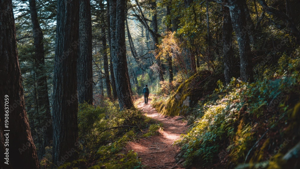 Obraz premium Man hiking through a sunlit forest trail