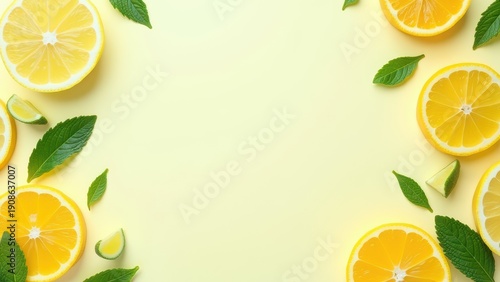 citrus slices and mint herbs frame from above on retro mint pastel background with copy space fresh lemon and orange refreshment summer fruit smoothie minimal banner design 