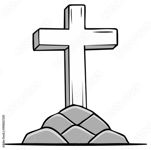 Cartoon Style Cross Tombstone on Stone Mound Grave Marker Symbol of Religious Faith and Mourning Illustration