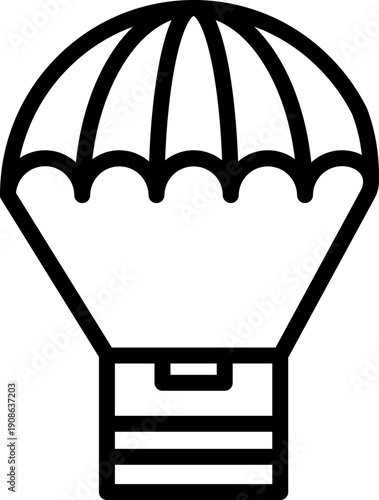 outline silhouette Parachute icon set. Parachute with cargo, parachute icon. Simple line drawing of a cargo parachute delivering a wooden crate, Package being delivered by parachute icon. Parachute