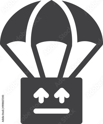 outline silhouette Parachute icon set. Parachute with cargo, parachute icon. Simple line drawing of a cargo parachute delivering a wooden crate, Package being delivered by parachute icon. Parachute