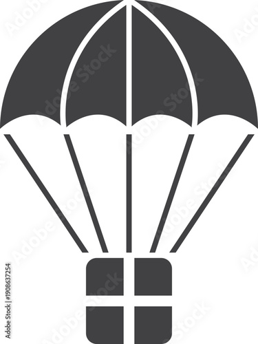 outline silhouette Parachute icon set. Parachute with cargo, parachute icon. Simple line drawing of a cargo parachute delivering a wooden crate, Package being delivered by parachute icon. Parachute