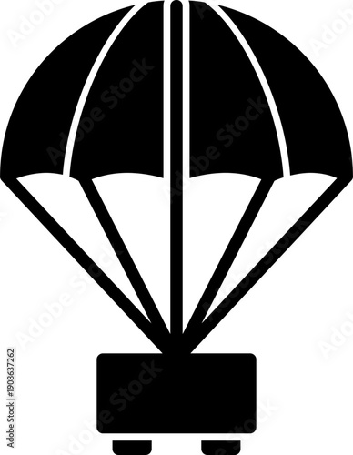 outline silhouette Parachute icon set. Parachute with cargo, parachute icon. Simple line drawing of a cargo parachute delivering a wooden crate, Package being delivered by parachute icon. Parachute