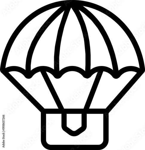 outline silhouette Parachute icon set. Parachute with cargo, parachute icon. Simple line drawing of a cargo parachute delivering a wooden crate, Package being delivered by parachute icon. Parachute