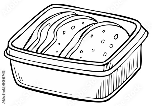 Hand Drawn Sketch of Sliced Lunch Meat in a Rectangular Container