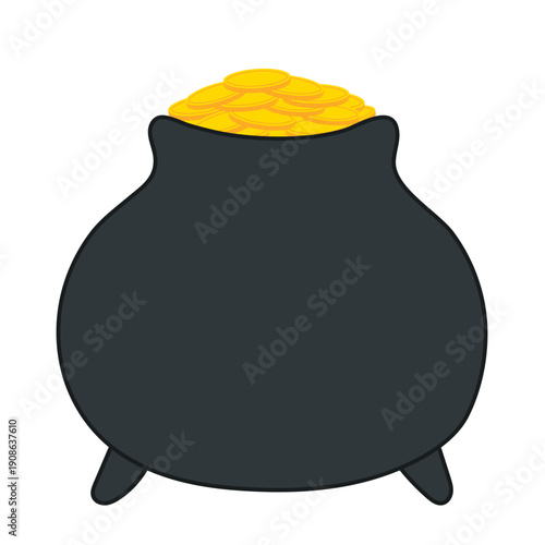 Pot of leprechaun gold, golden coins illustration isolated. Saint Patrick Day holiday design element, clip art on transparent background. Hand drawn flat vector illustration. Irish folklore, mythology