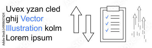 Business strategy, data analysis, progress tracking, workflow optimization, information management, efficiency planning. Arrows with directions, checklist and growth chart. Business strategy