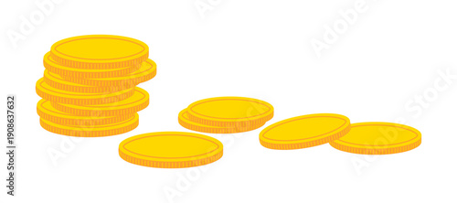 Golden coins, gold money illustration isolated. Saint Patrick Day holiday design element, clip art on transparent background. Hand drawn flat vector illustration. Treasure, wealth, riches concept