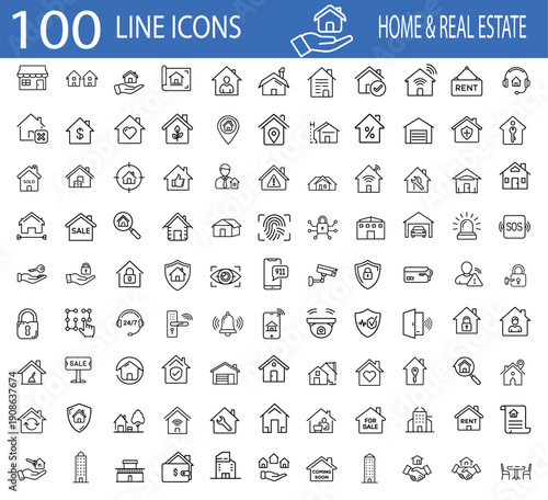 Home and real estate property 100 outline icon  set, residential house mortgage and security symbol, building maintenance and rent vector illustration with editable stroke.