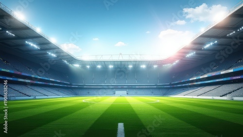 soccer stadium field background with green grass pitch and grandstands modern professional football arena scene under open sky concept of sports media broadcasting advertising business