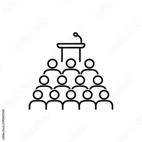 Audience listening to speaker at podium black and white vector icon for human interaction communication and conference presentation