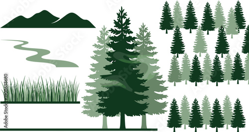 Minimal forest landscape vector set with pine trees, mountains, river and grass elements, flat nature illustration collection for eco design, backgrounds, graphics