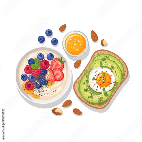 Healthy breakfast: Oatmeal with berries and avocado toast with egg, top view