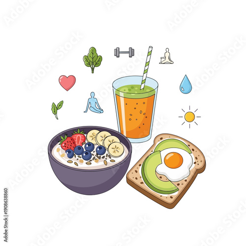 Healthy Breakfast: Oatmeal, Avocado Toast with Egg, and Green Juice with Fitness Icons