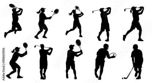 Silhouettes of athletes playing various sports including tennis, golf, and field hockey isolated on transparent background, Vector