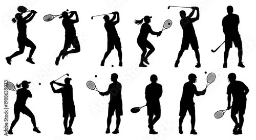 Dynamic collection of black silhouettes representing male and female athletes playing tennis and golf isolated on transparent background, Vector