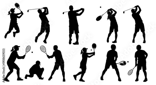 A collection of black silhouette figures representing various racket sports and golf activities isolated on transparent background, Vector