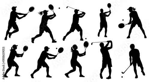 Black silhouettes of tennis and golf players in various action poses isolated on transparent background, Vector