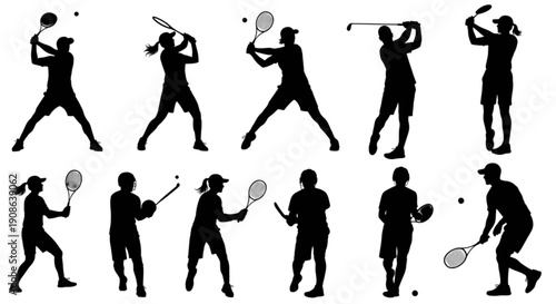 A large collection of athlete silhouettes demonstrating various sports actions including tennis and golf isolated on transparent background, Vector