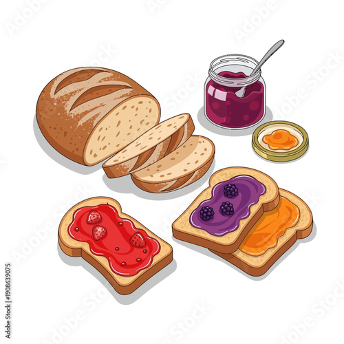 Freshly Baked Bread Slices with Jams and Spreads for Breakfast or Snack