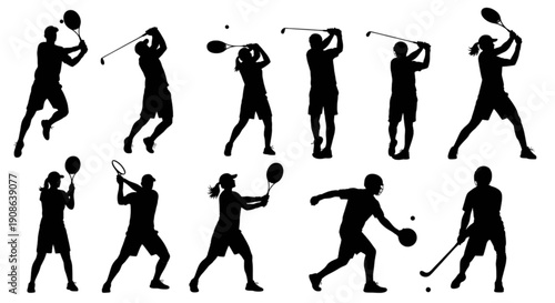 A collection of sports silhouettes featuring tennis, golf, and field hockey players in action poses isolated on transparent background, Vector